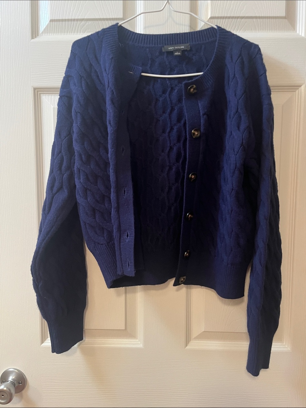Ann Taylor Navy Cable Knit Button-Front Cardigan in small